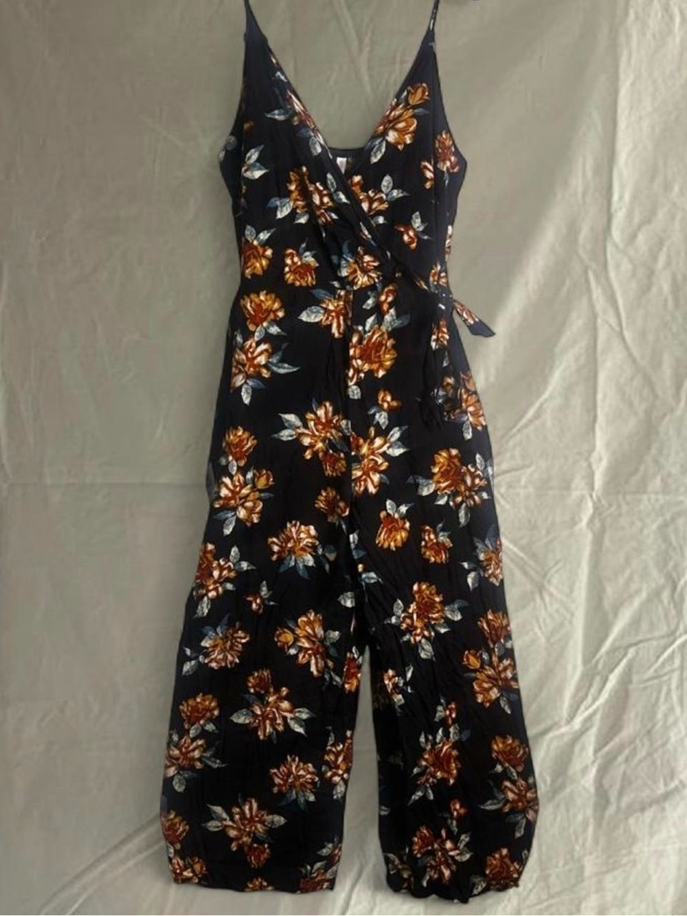 Xhilaration Black Floral Wrap Jumpsuit with Burnt Orange Flowers